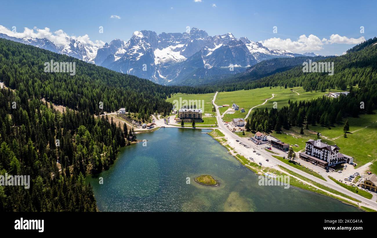 A drone view of Misurina Lake, in Misurina, Italy, on June 15, 2021