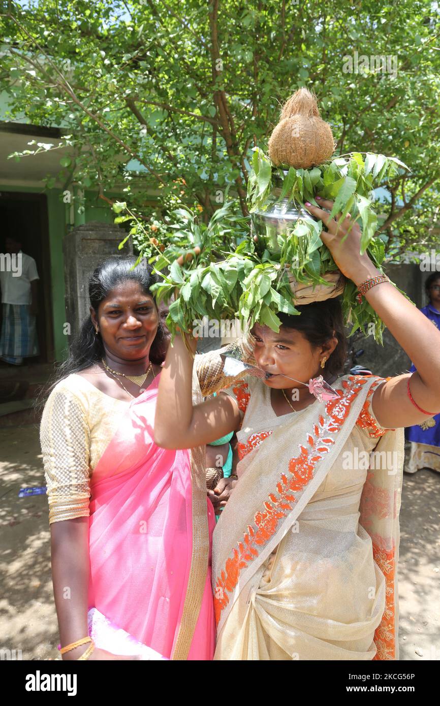 Tamil Hindu woman with a facial skewer and pins in her arm as she carries a pot on her head filled with milk and honey and covered with margosa leaves during the Nallur Ther Festival (Nallur Chariot Festival) at the Nallur Kandaswamy Kovil (Nallur Temple) in Jaffna, Sri Lanka. Hundreds of thousands of Tamil Hindu devotees from across the globe attended this festival. (Photo by Creative Touch Imaging Ltd./NurPhoto) Stock Photo