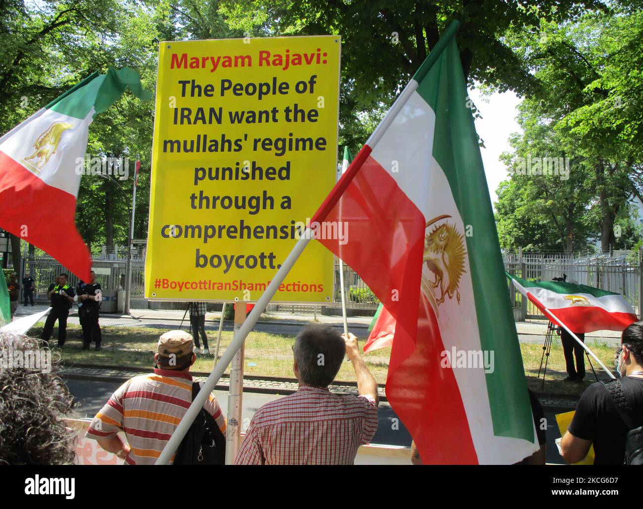 On the eve of the Iran Presidential Election in Iran, Iranian supporters of the NCRI, the main Iranian opposition group, protest outside the Iranian Embassy in Berlin, Germany in June 17, 2021. The protesters have called for the boycott of the election in Iran and condemn Ebrahim Raisi, the expected next Iran President for the massacre of 30,000 political prisoners in 1988. (Photo by Siavosh Hosseini/NurPhoto) Stock Photo