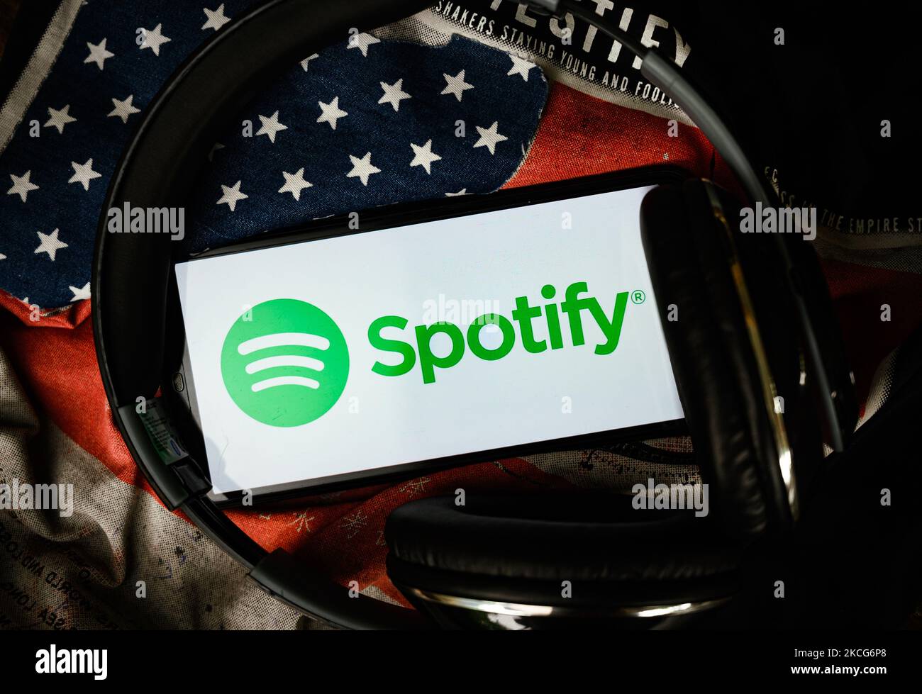 This illustration photo shows the logo of Spotify on a smartphone in Tehatta, West Bengal, India, on June 18, 2021. Swedish audio streaming and media services provider Spotify is launched New 'Fresh Finds' program to help independent artists build their careers. The Fresh Finds playlist serves as a launch pad for up-and-coming artists who are beginning their careers. (Photo Illustration by Soumyabrata Roy/NurPhoto) Stock Photo