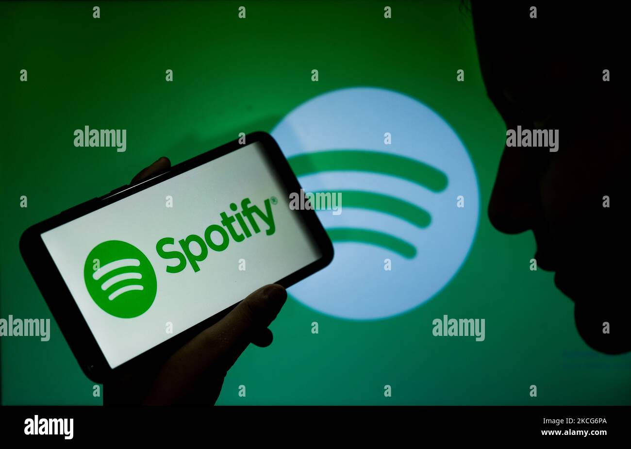 This illustration photo shows the logo of Spotify on a smartphone in Tehatta, West Bengal, India, on June 18, 2021. Swedish audio streaming and media services provider Spotify is launched New 'Fresh Finds' program to help independent artists build their careers. The Fresh Finds playlist serves as a launch pad for up-and-coming artists who are beginning their careers. (Photo Illustration by Soumyabrata Roy/NurPhoto) Stock Photo