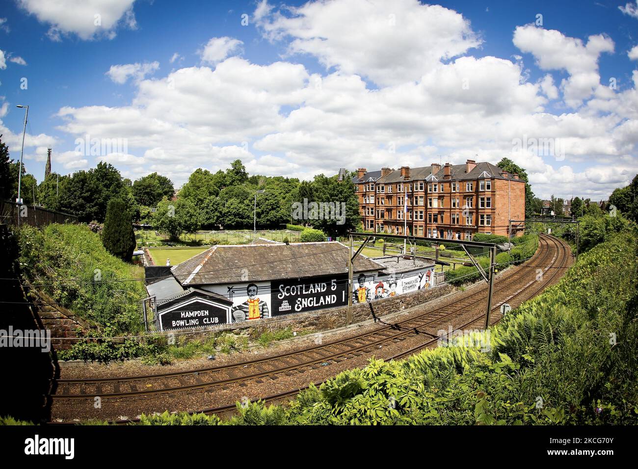A general view of a mural on the side of Hampden Bowling Club on June