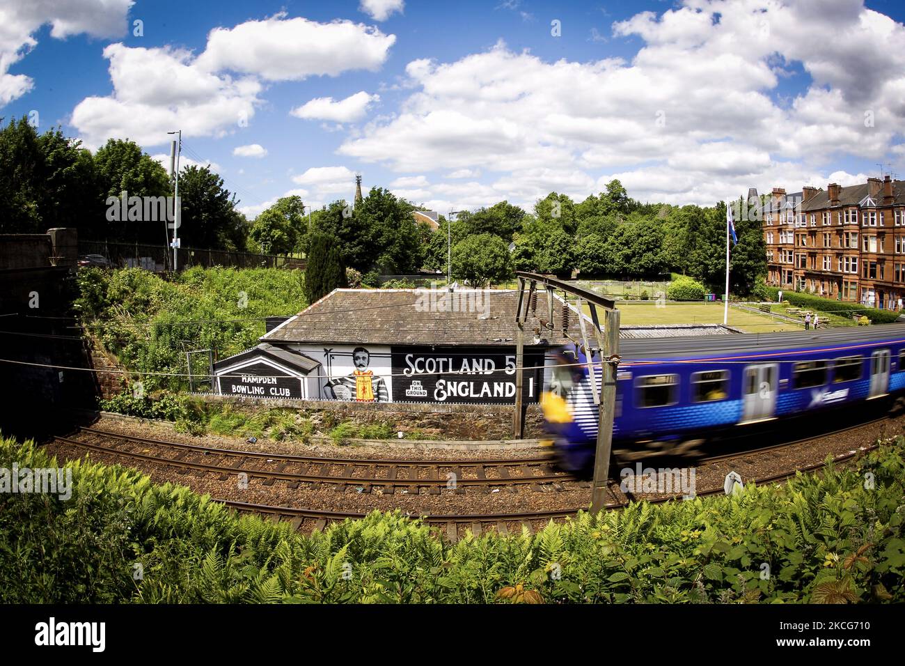 A general view of a mural on the side of Hampden Bowling Club on June