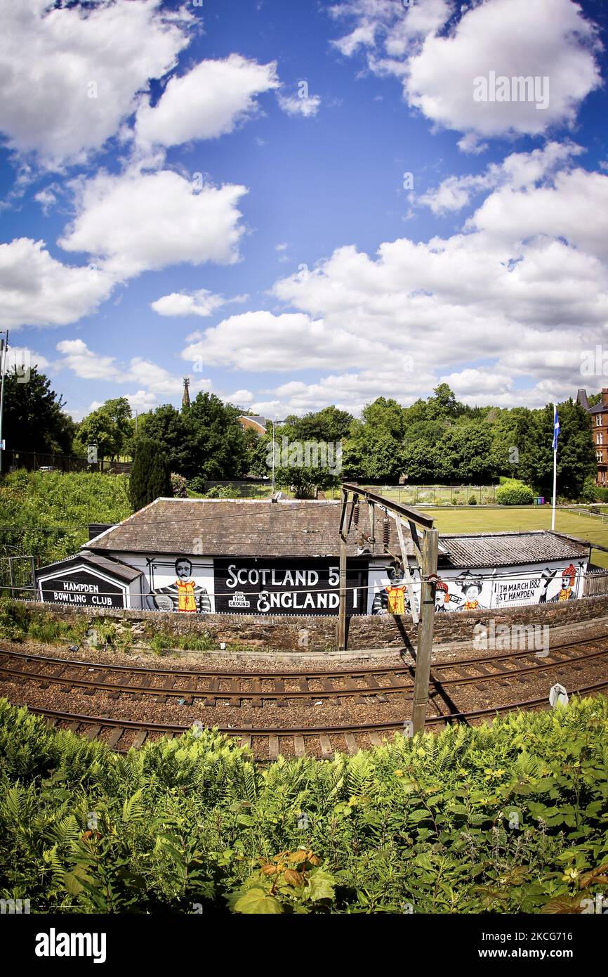 A general view of a mural on the side of Hampden Bowling Club on June