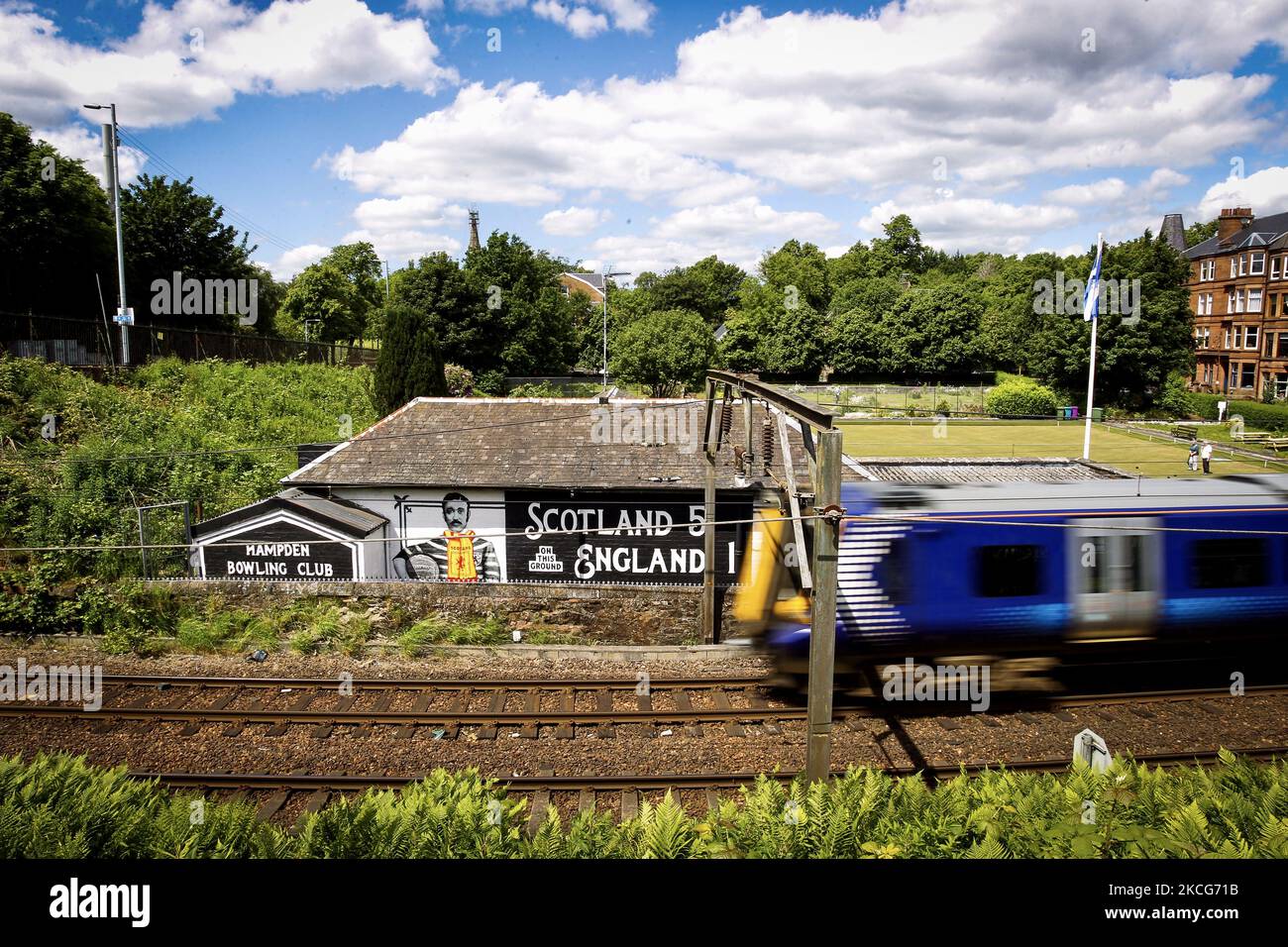 A general view of a mural on the side of Hampden Bowling Club on June
