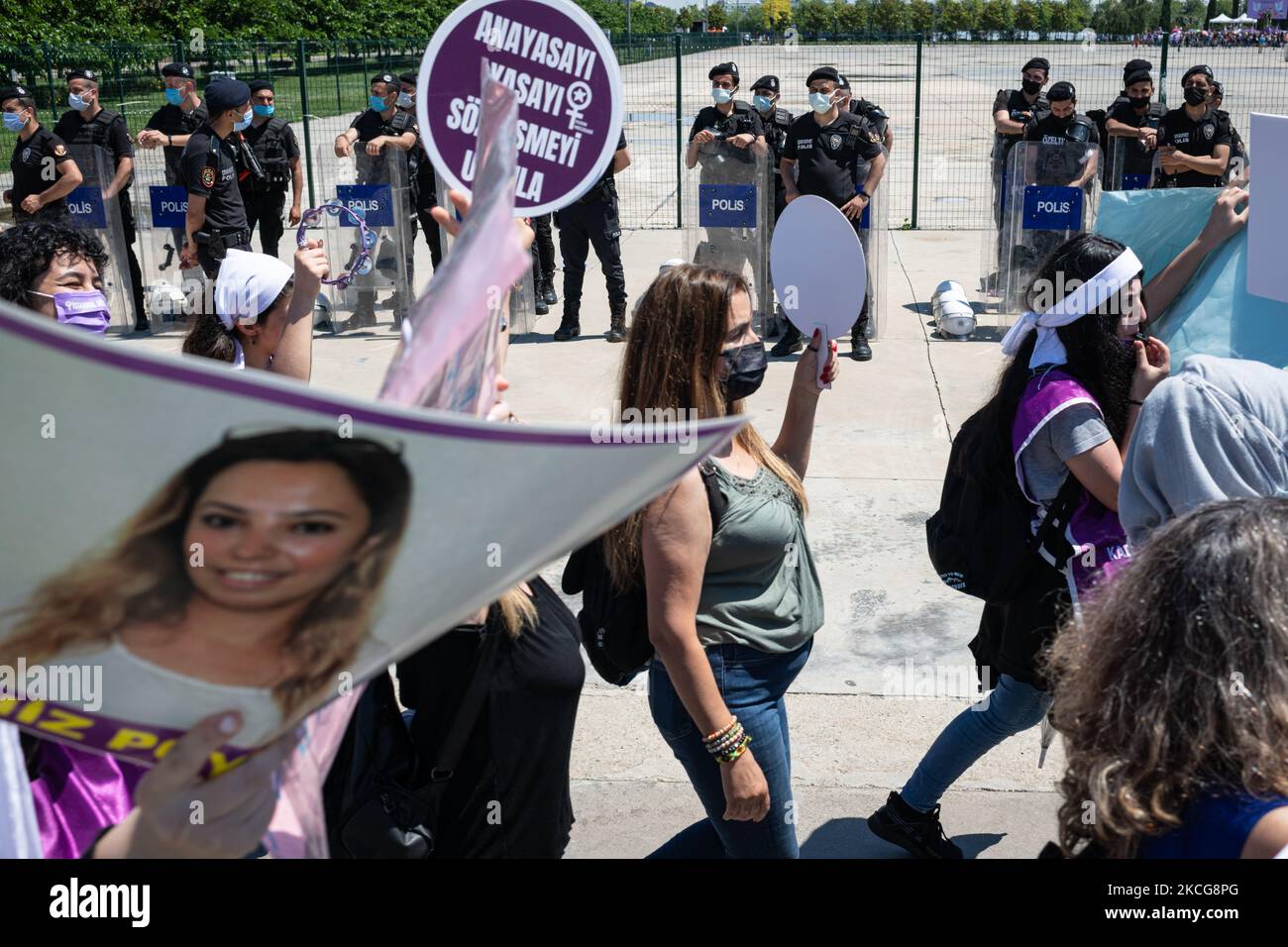 On 19 June, 2021, thousands of Turkish women from different cities gathered in Maltepe, Istanbul, to rally in support of the Istanbul Convention, a European treaty preventing and combating violence against women, from which the Turkish government withdrew in 2021. (Photo by Diego Cupolo/NurPhoto) Stock Photo