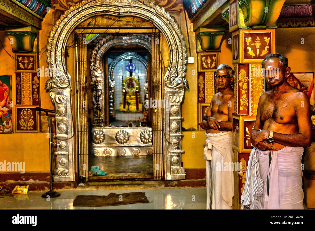 Doorway leading to the main shrine at the Arasadi Vinayagar Temple (Arasadi Sithi Vinayagar Kovil) in Jaffna, Sri Lanka. (Photo by Creative Touch Imaging Ltd./NurPhoto) Stock Photo