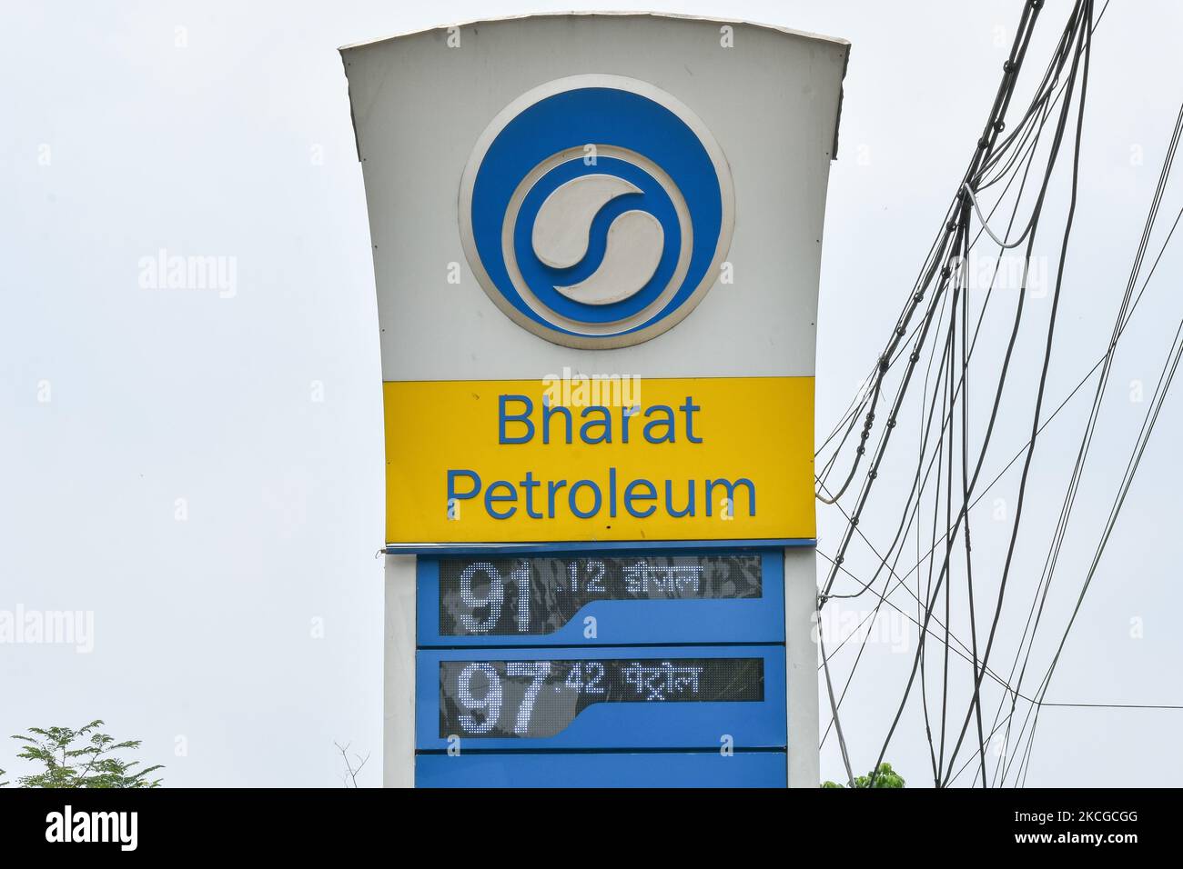 A Bharat Petroleum board displays new hiked petrol and Diesel price in Kolkata , India , on 23 June 2021 . Petrol prices reaches new high in many cities across India , owing to rise in global crude oil price . (Photo by Debarchan Chatterjee/NurPhoto) Stock Photo