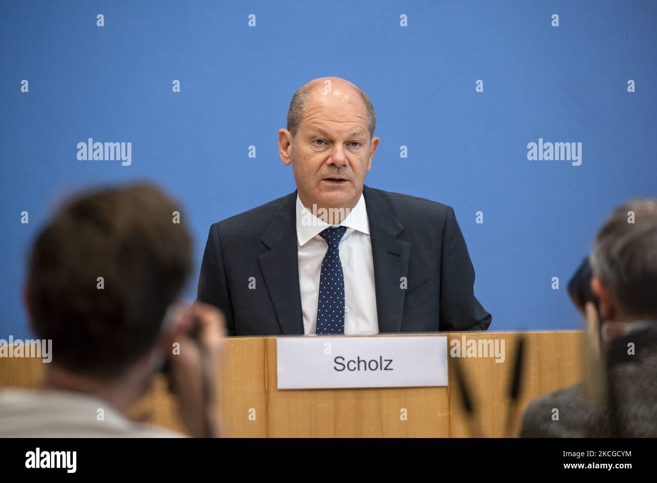 German Finance Minister and SPD Chancellor Candidate Olaf Scholz Presents 2022 Federal Budget Proposal at the Bundespressekonferenz in Berlin, Germany on June 23, 2021. (Photo by Emmanuele Contini/NurPhoto) Stock Photo