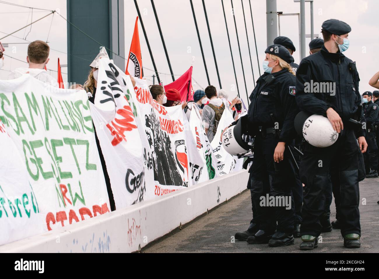 polices are seen during protest against new Assembly Act in North Rhine Westphalia which will regulate some democratic rights of freedom of assembly. (Photo by Ying Tang/NurPhoto) Stock Photo
