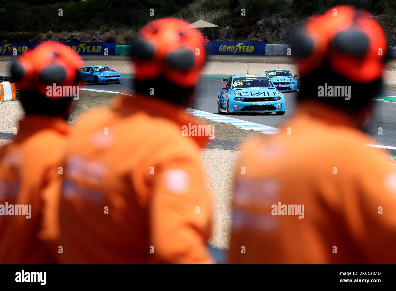 Yann Ehrlacher of France and Cyan Racing Lynk & Co Team (C ), Yvan Muller of France and Cyan Racing Lynk & Co Team (R ) and Santiago Urrutia of Argentina and Cyan Racing Lynk & Co Team (L) compete during the Race 1 of the FIA 2021 World Touring Car Cup Race of Portugal, at the Circuito Estoril in Cascais, Portugal on June 27, 2021. (Photo by Pedro FiÃºza/NurPhoto) Stock Photo