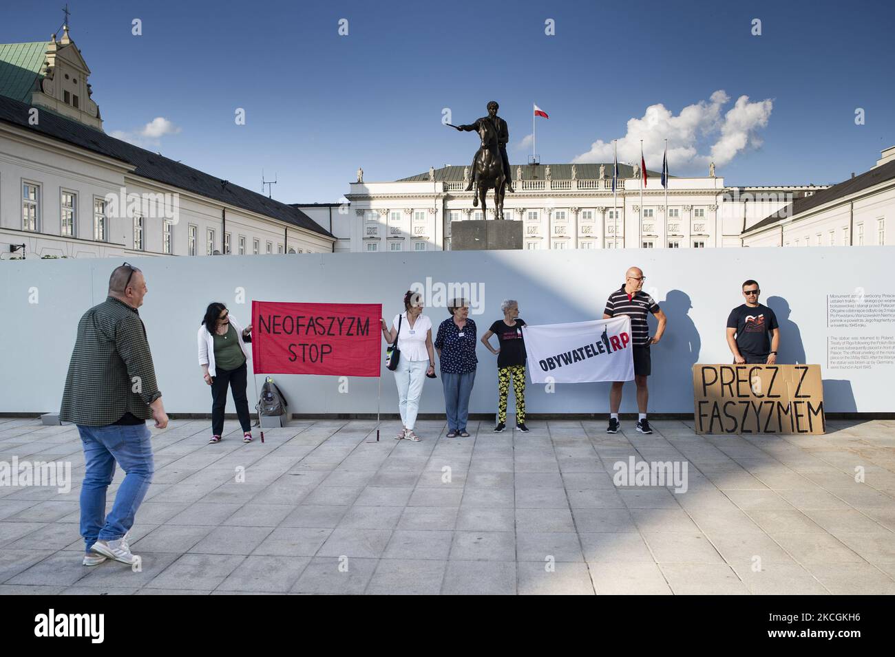 Group of antifascits, mostly women, along with LGBT activists, protested today against Polish Government, which just subsidized far-right NGOs with 700 000 EUR. Protesters gathered in front of Ministry of Culture and National Heritage responsible for the decision. Warsaw, Poland, on June 28th, 2021. (Photo by Piotr Lapinski/NurPhoto) Stock Photo