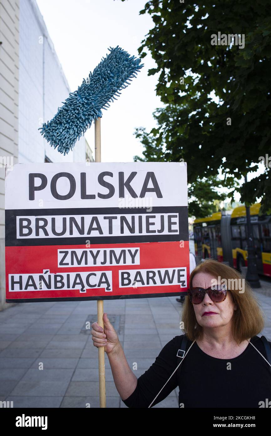 Group of antifascits, mostly women, along with LGBT activists, protested today against Polish Government, which just subsidized far-right NGOs with 700 000 EUR. Protesters gathered in front of Ministry of Culture and National Heritage responsible for the decision. Warsaw, Poland, on June 28th, 2021. (Photo by Piotr Lapinski/NurPhoto) Stock Photo