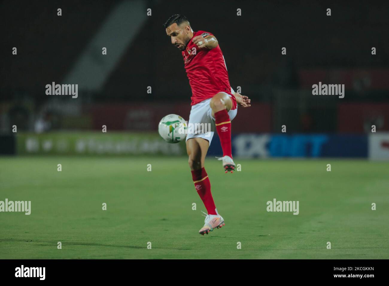 Ahly's Ali maaloul control the ball during the second leg CAF champions league semi-final football match between Esperance and al-Ahly at the Alhly we Alsalam Stadium in on June 26, 2021. (Photo by Ahmed Awaad/NurPhoto) Stock Photo