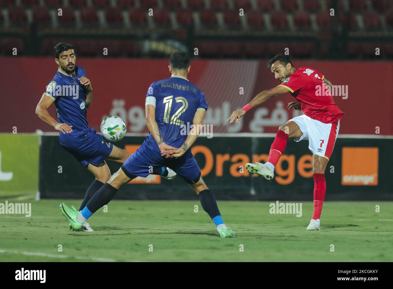 Ahly's Mahmoud kahraba shot the ball during the second leg CAF champions league semi-final football match between Esperance and al-Ahly at the Alhly we Alsalam Stadium in on June 26, 2021. (Photo by Ahmed Awaad/NurPhoto) Stock Photo