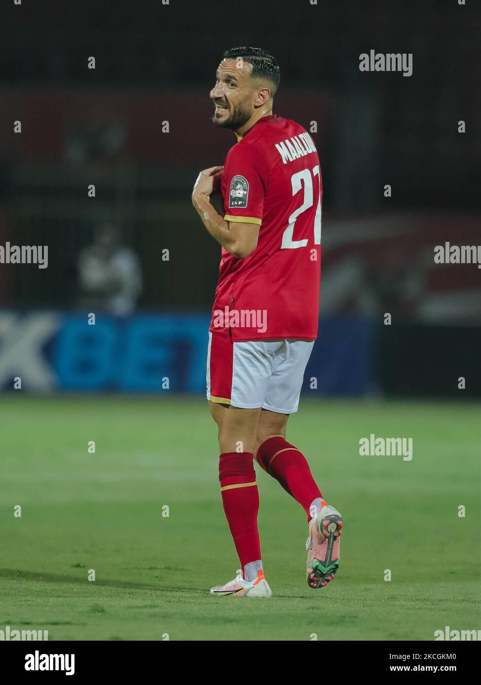 Ali Maaloul of al Ahly reacts during the second leg CAF champions league semi-final football match between Esperance and al-Ahly at the Alhly we Alsalam Stadium in on June 26, 2021. (Photo by Ahmed Awaad/NurPhoto) Stock Photo
