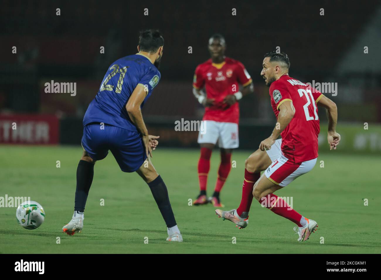 Ahly's Ali Maaloul pass the ball during the second leg CAF champions league semi-final football match between Esperance and al-Ahly at the Alhly we Alsalam Stadium in on June 26, 2021. (Photo by Ahmed Awaad/NurPhoto) Stock Photo