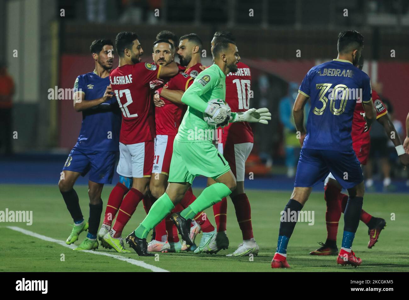 Ahly's Ali Maaloul celebrates with his teammates during the second leg CAF champions league semi-final football match between Esperance and al-Ahly at the Alhly we Alsalam Stadium in on June 26, 2021. (Photo by Ahmed Awaad/NurPhoto) Stock Photo