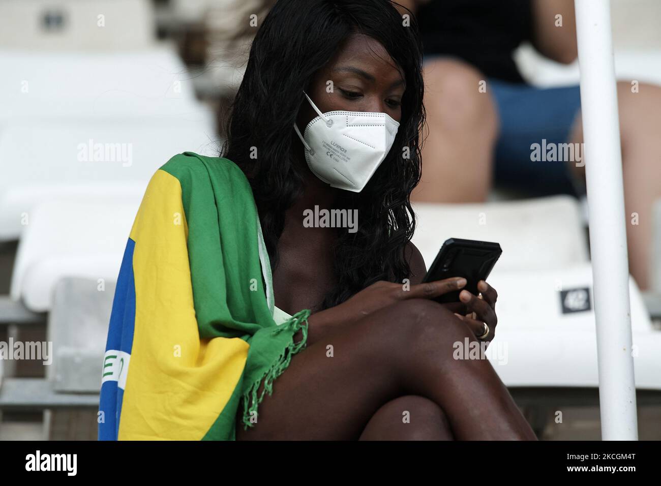 Brazilian supporter during the Women's International Friendly match between Brazil and Canada at Estadio Cartagonova on June 14, 2021 in Cartagena, (Photo by Jose Breton/Pics Action/NurPhoto) Stock Photo