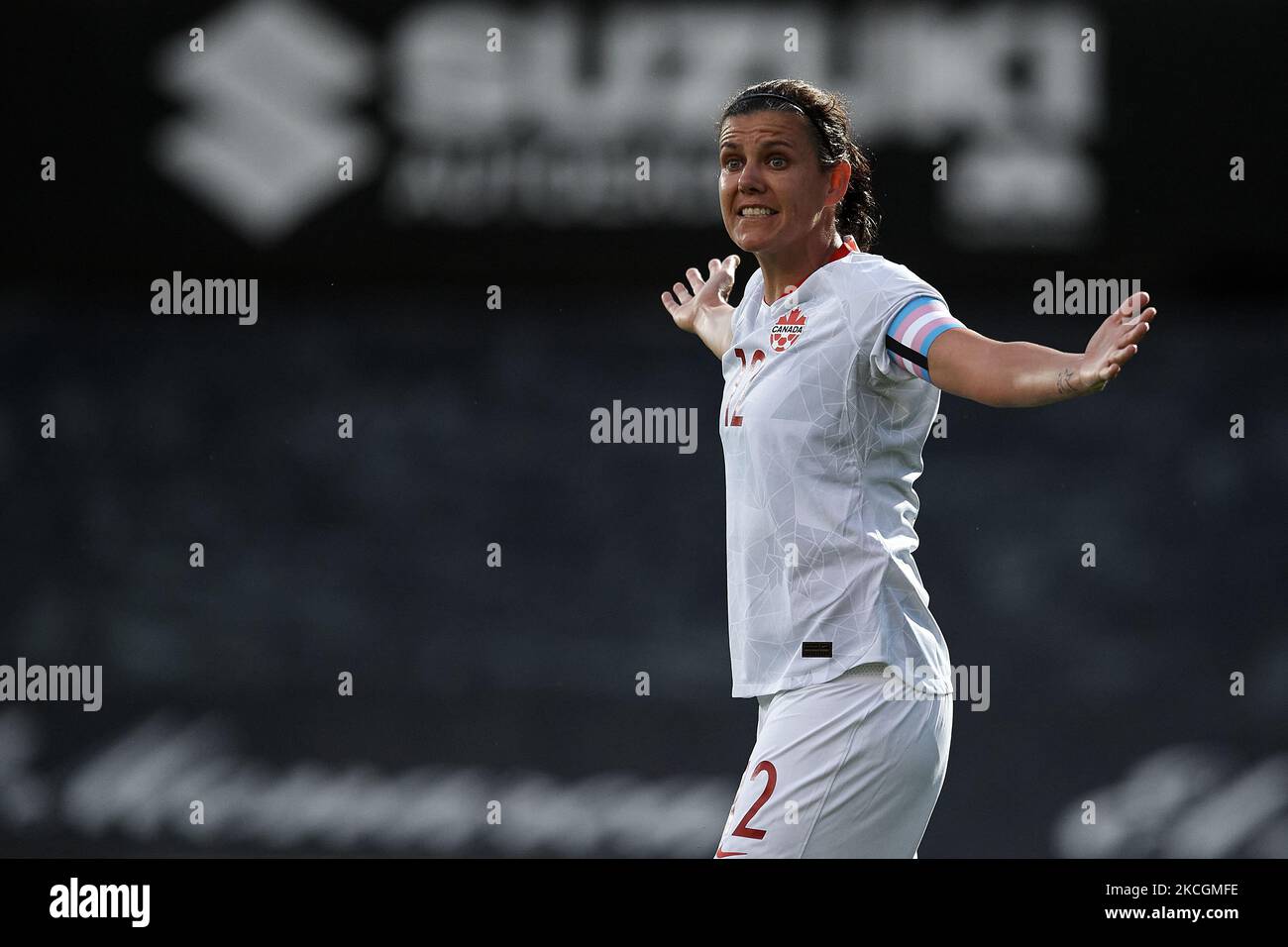 Christine Sinclair of Canada reacts during the Women's International Friendly match between Brazil and Canada at Estadio Cartagonova on June 14, 2021 in Cartagena, Spain (Photo by Jose Breton/Pics Action/NurPhoto) Stock Photo