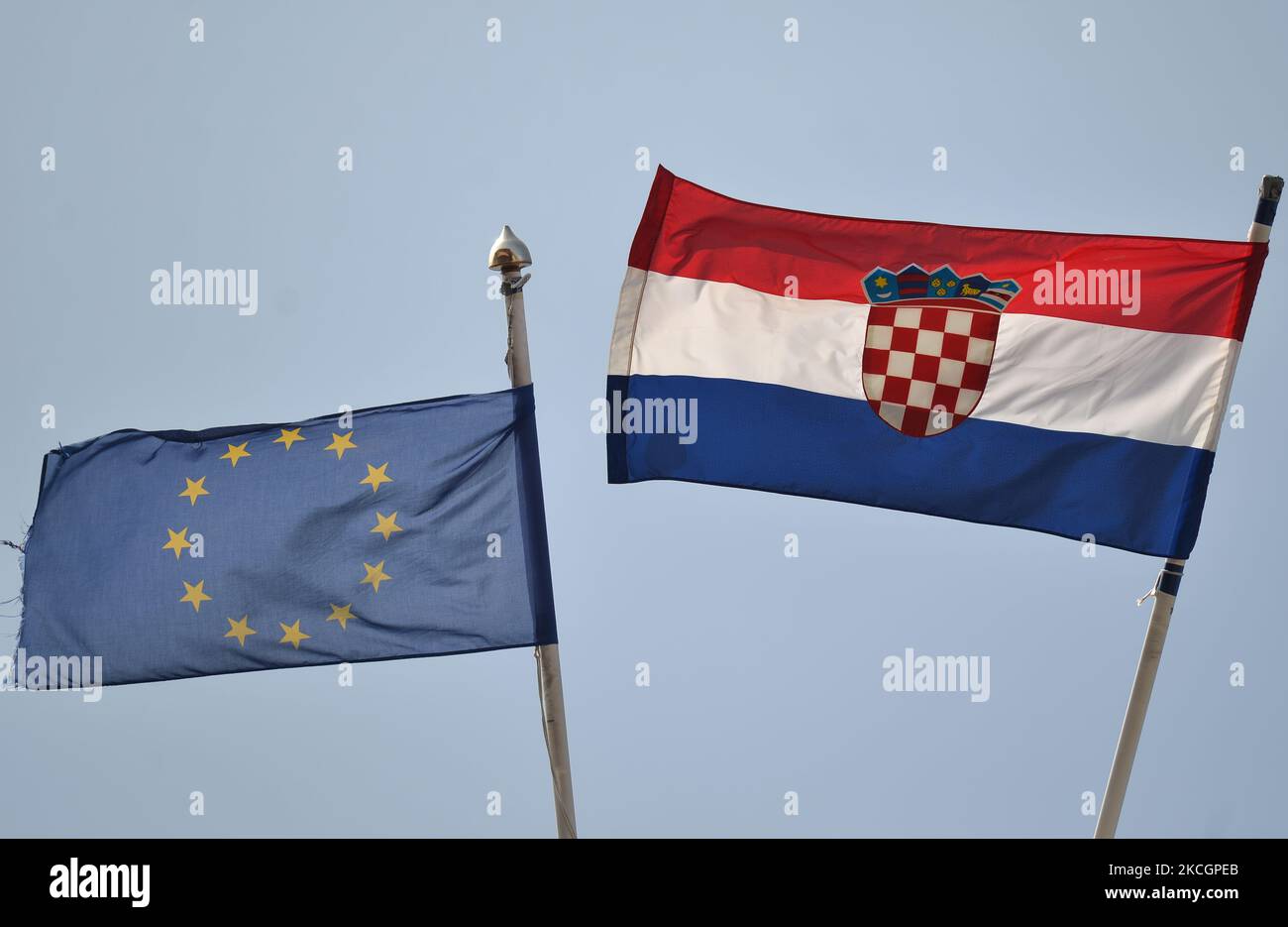 Flag of Europe and flag of Croatia. On Thursday, 01 July 2021, in Dublin, Ireland. (Photo by Artur Widak/NurPhoto) Stock Photo