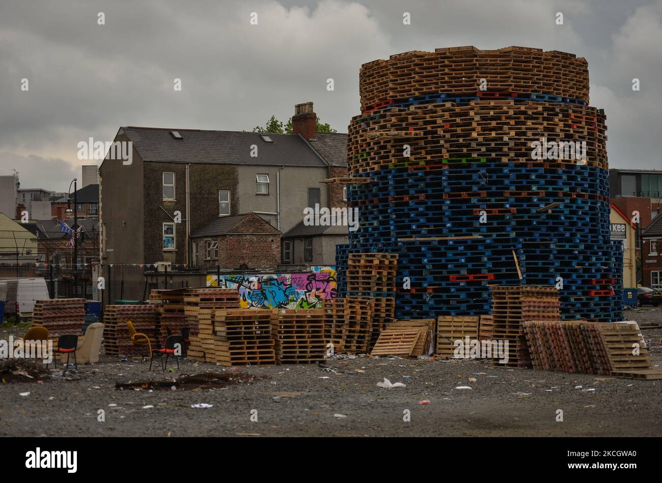 Stacked wooden pallets to build the Eleventh Night bonfire, ahead of