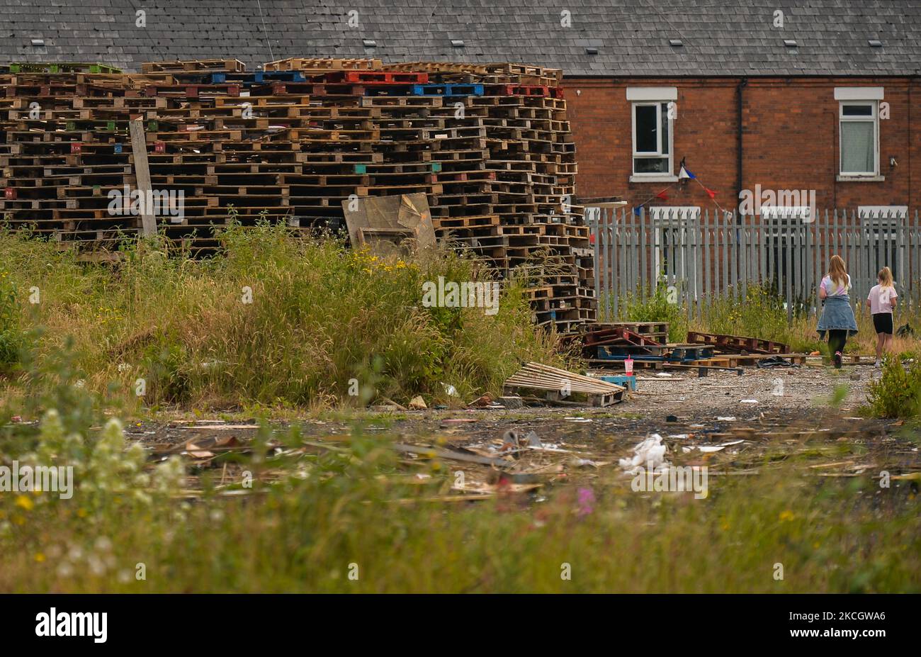 Stacked wooden pallets to build the Eleventh Night bonfire, ahead of