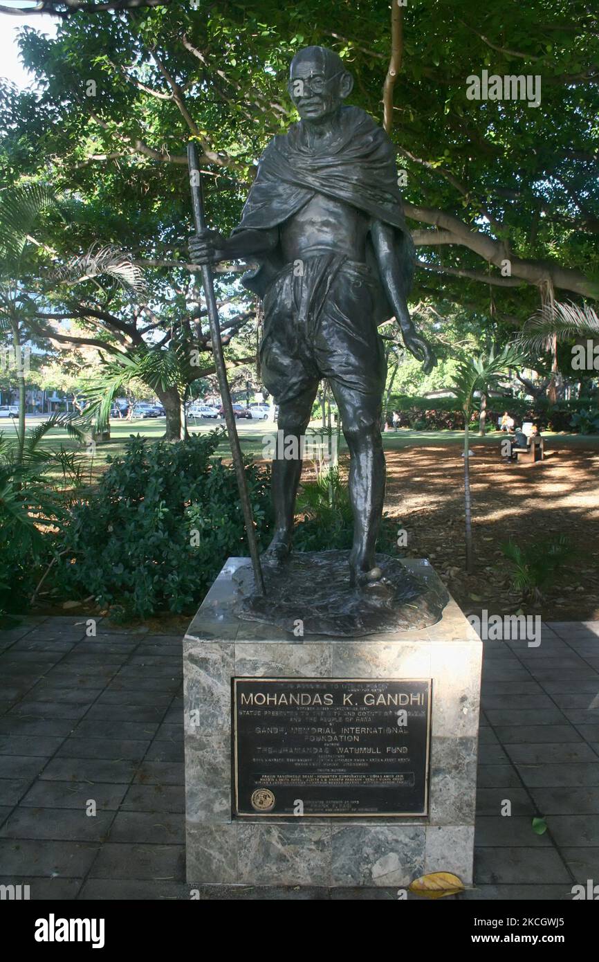 Statue of Mahatma Gandhi on the Hawaiian island of O'ahu, Hawaii, USA. (Photo by Creative Touch Imaging Ltd./NurPhoto) Stock Photo
