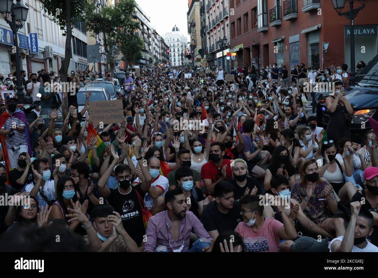 People take part in a demonstration against the muder of Samuel in A Coruna, in Madrid, Spain, on July 5, 2021. Demonstrations have been called all over Spain under the slogan ''Justice for Samuel''. (Photo by Alvaro Laguna/NurPhoto) Stock Photo