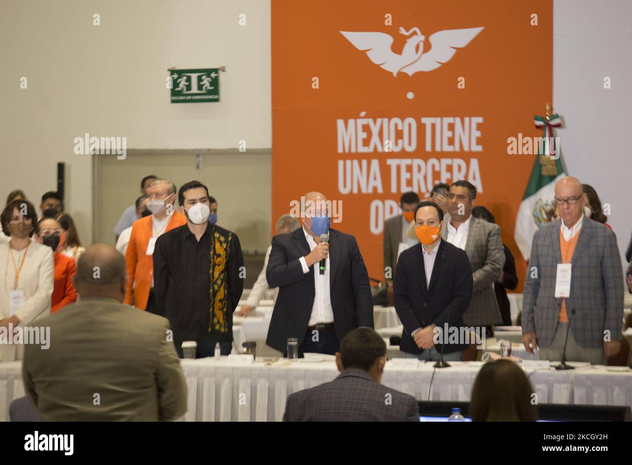 The national leadership of the Citizen Movement party, at a press conference, provided a report on the results obtained in the elections of June 6, also affirmed that their party endorsed in the Chamber of Deputies more than half of the presidential initiatives to coincide with their positions and with the good of Mexico. On July 5, 2021 in Mexico City, Mexico.(Photo by Cristian Leyva/NurPhoto) Stock Photo