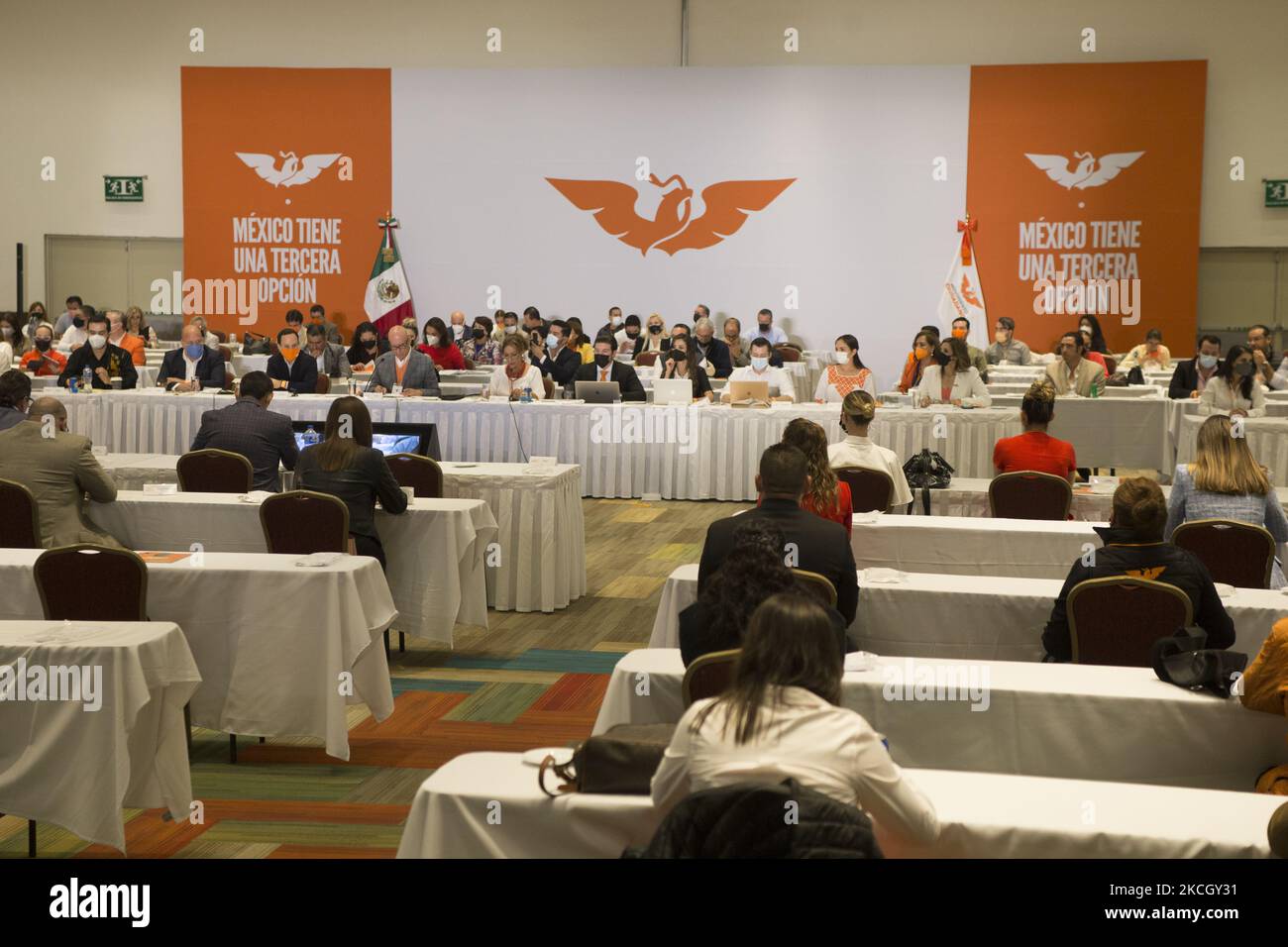The national leadership of the Citizen Movement party, at a press conference, provided a report on the results obtained in the elections of June 6, also affirmed that their party endorsed in the Chamber of Deputies more than half of the presidential initiatives to coincide with their positions and with the good of Mexico. On July 5, 2021 in Mexico City, Mexico.(Photo by Cristian Leyva/NurPhoto) Stock Photo