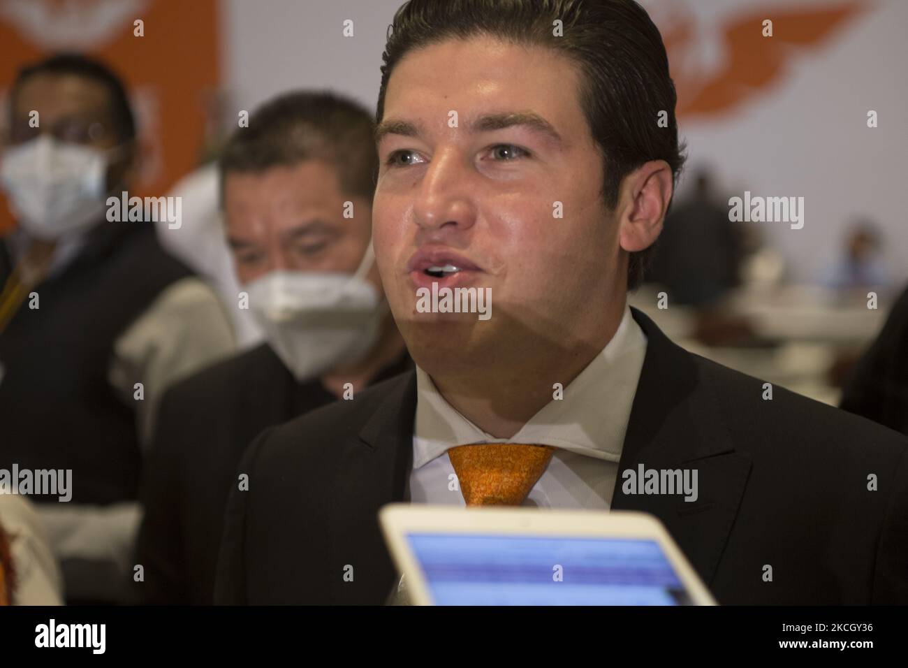 Samuel Garcia, governor-elect of Nuevo Leon, at the press conference in which the leadership of his party, Citizen Movement, gave a report on the results obtained in the elections on June 6. On July 5, 2021 in Mexico City, Mexico.(Photo by Cristian Leyva/NurPhoto) Stock Photo
