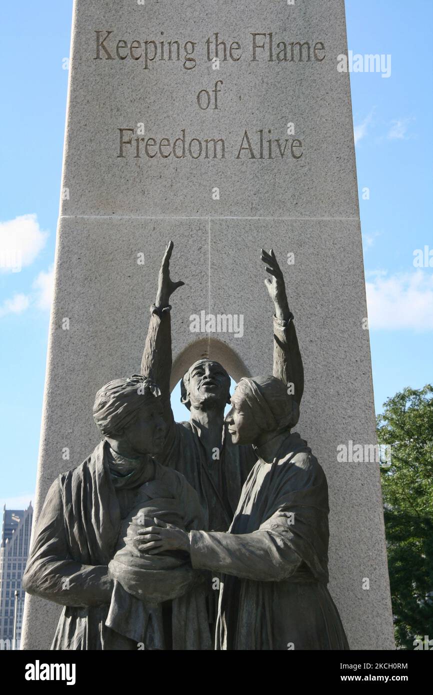 Tower of Freedom Underground Railroad Monument in Windsor, Ontario, Canada. The Underground Railroad was a network of secret routes and safe houses used by 19th-century black slaves in the United States to escape to free states and Canada with the aid of abolitionists and allies who were sympathetic to their cause. (Photo by Creative Touch Imaging Ltd./NurPhoto) Stock Photo