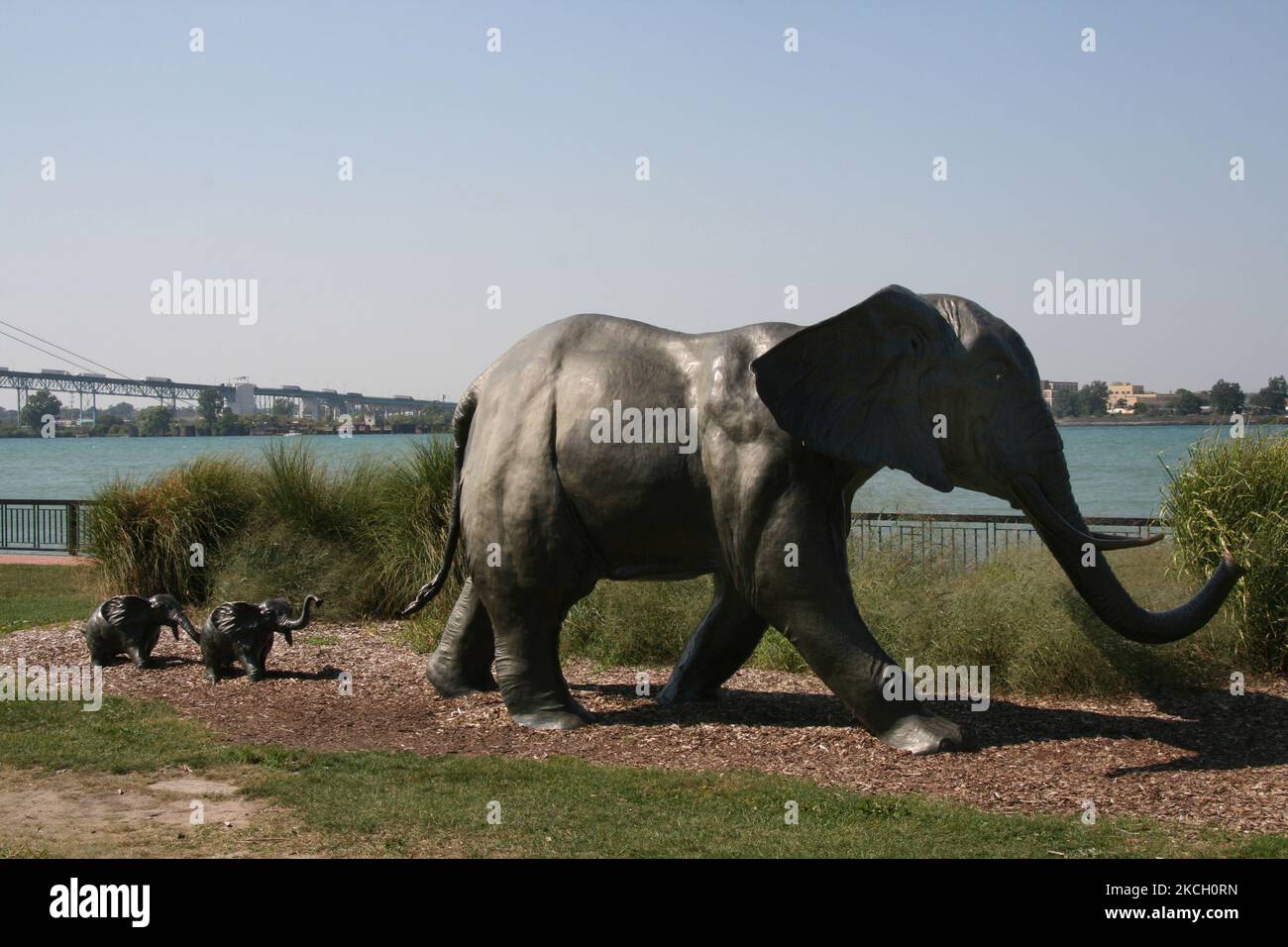Sculpture of elephants at the Windsor Sculpture Park by the Detroit River in Windsor, Ontario, Canada. (Photo by Creative Touch Imaging Ltd./NurPhoto) Stock Photo