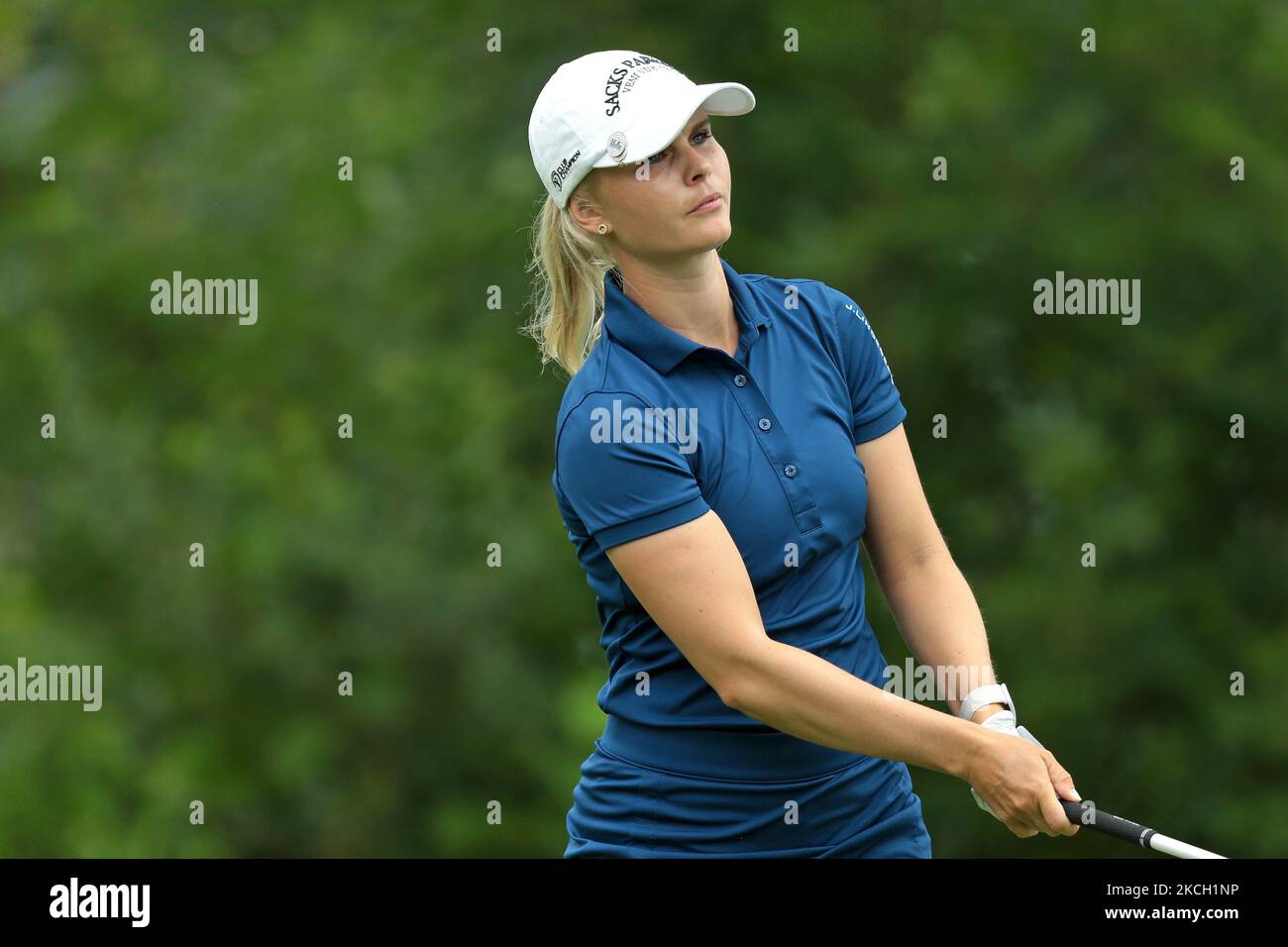 Louise Ridderstrom of Sweden follows her tee shot on the third tee during the first round of the Marathon LPGA Classic presented by Dana golf tournament at Highland Meadows Golf Club in Sylvania, Ohio USA, on Thursday, July 8, 2021. (Photo by Jorge Lemus/NurPhoto) Stock Photo
