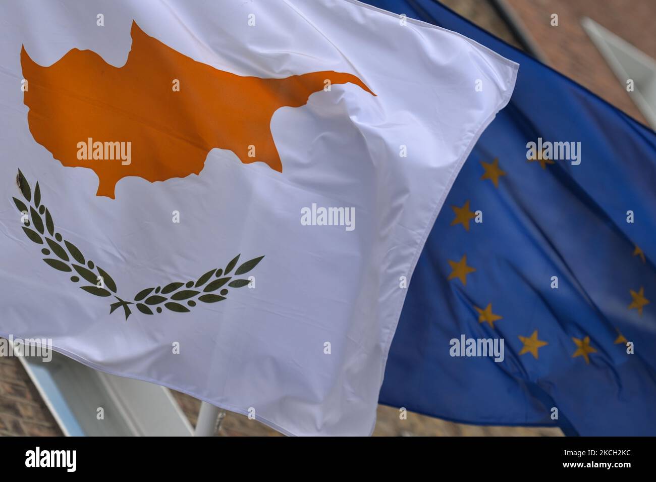 The European flag and national flag of Cyprus. On Thursday, 08 July 2021, in Dublin, Ireland (Photo by Artur Widak/NurPhoto) Stock Photo