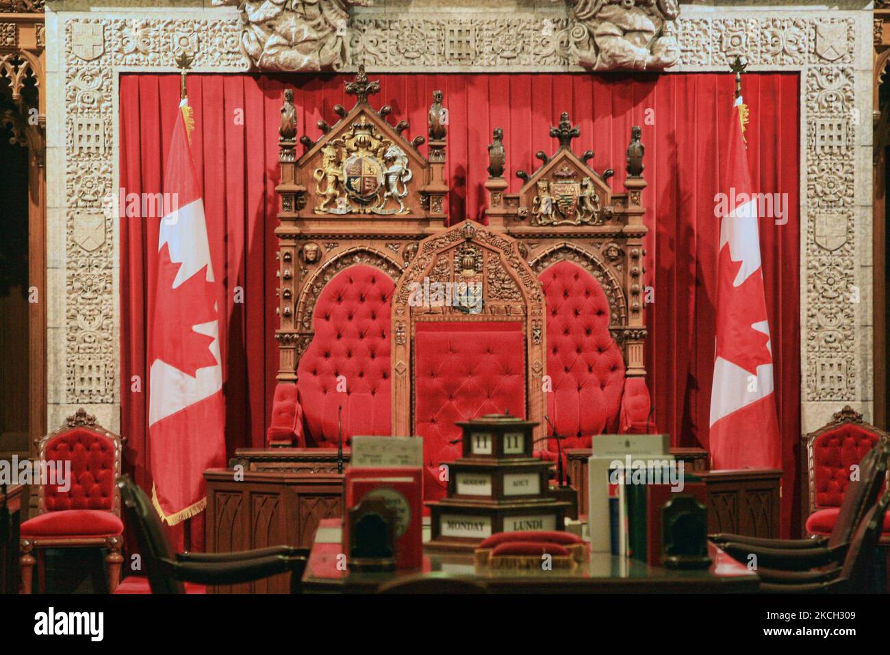 The throne in the Canadian Senate chamber in Ottawa, Ontario, Canada, on August 11, 2008. (Photo by Creative Touch Imaging Ltd./NurPhoto) Stock Photo
