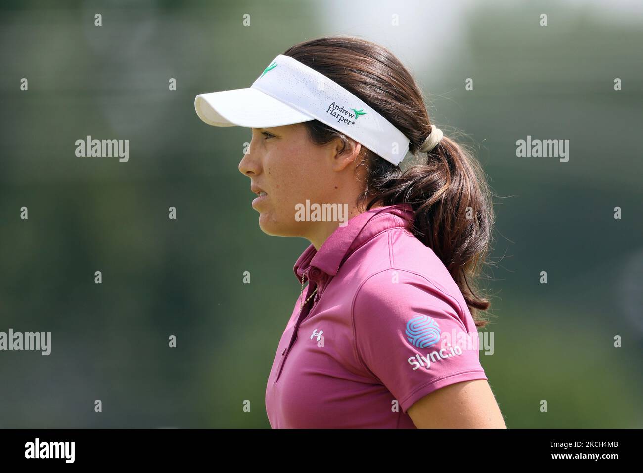 Albane Valenzuela of Geneva, Switzerland waits on the 18th green during