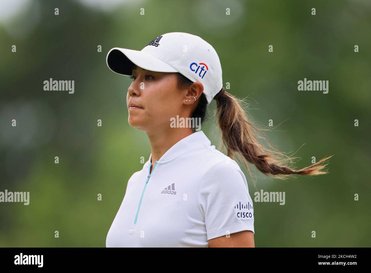 Danielle Kang of Las Vegas, Nevada runs up to the 17th green to pick up her ball during the third round of the Marathon LPGA Classic golf tournament at Highland Meadows Golf Club in Sylvania, Ohio, USA Saturday, July 10, 2021. (Photo by Amy Lemus/NurPhoto) Stock Photo