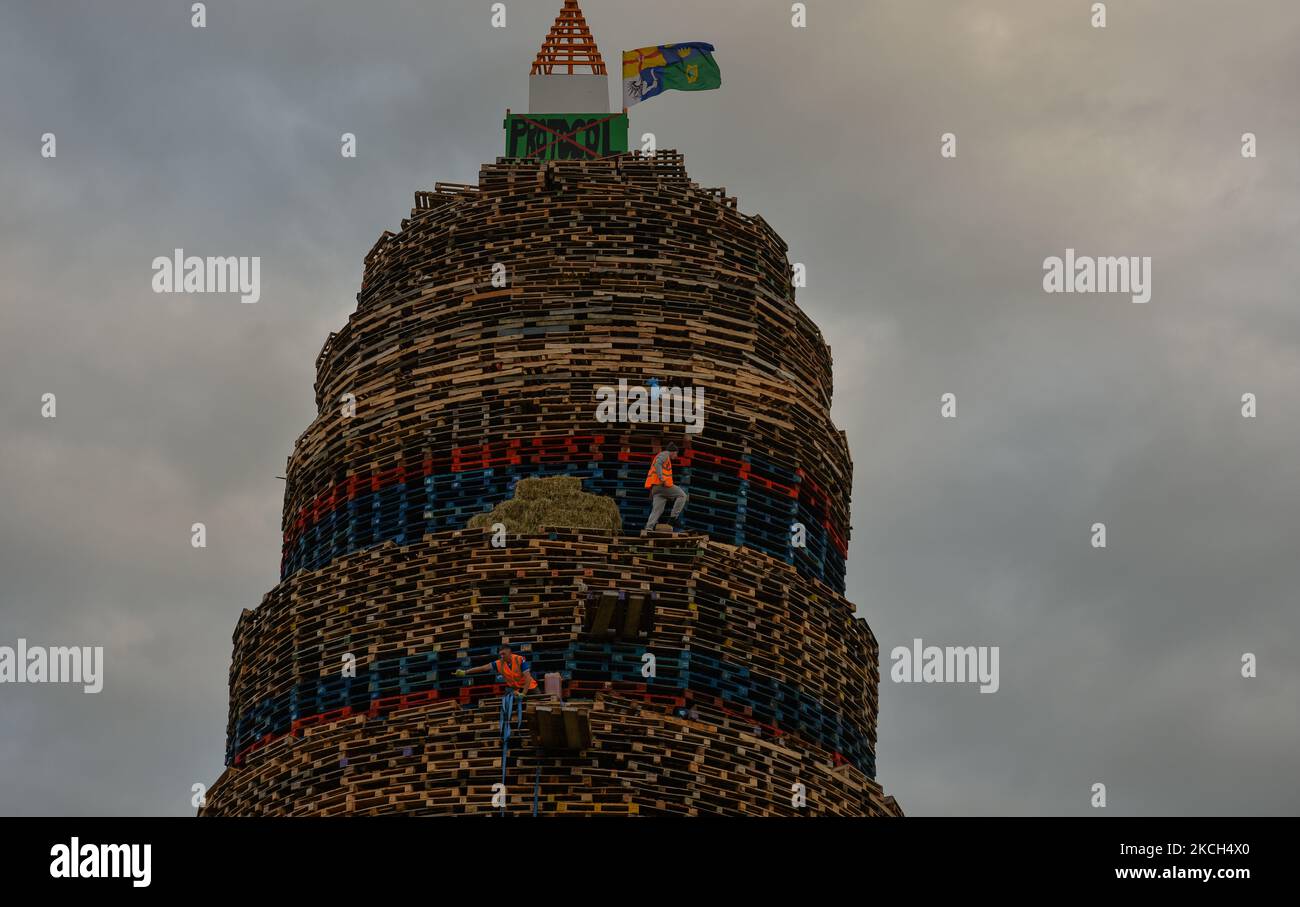 Bonfire builders climb the bonfire in Craigy Hill, Larne, ahead of the ...