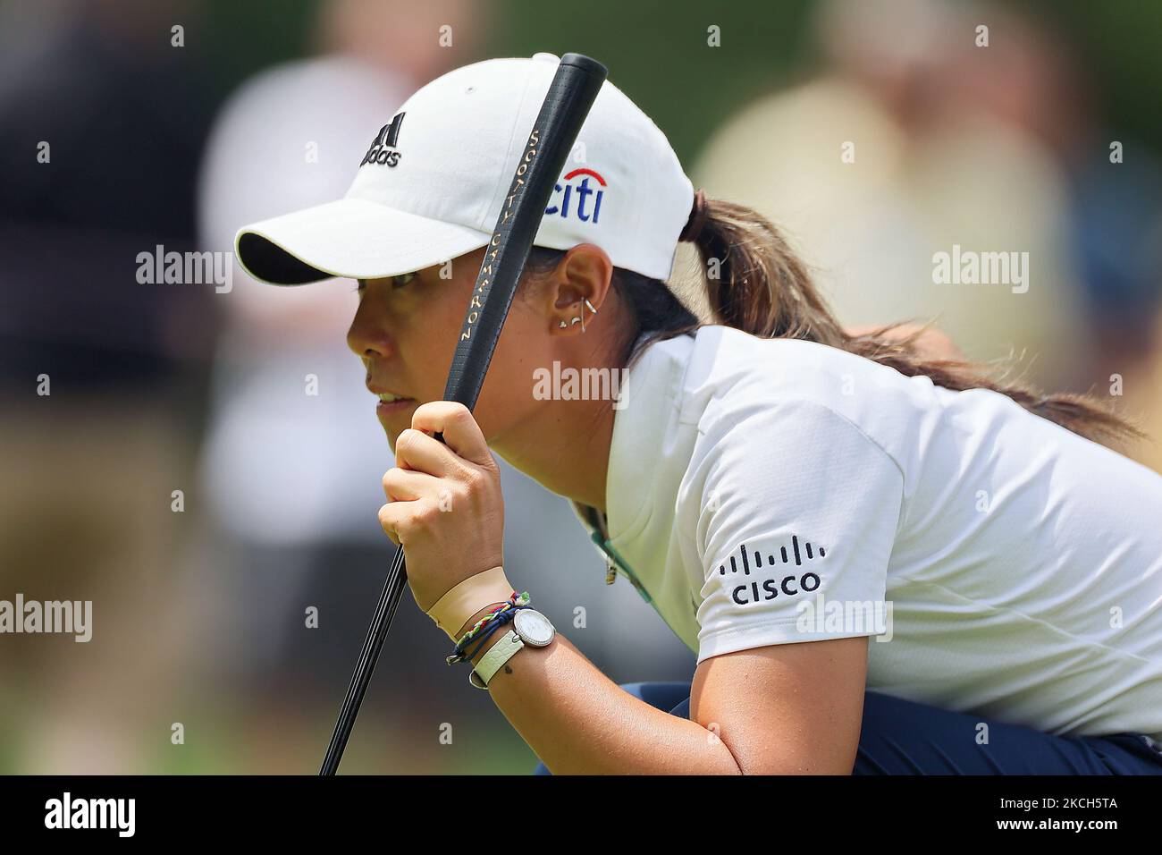 Danielle Kang of Las Vegas, Nevada lines up her putt on the 17th green during the third round of the Marathon LPGA Classic golf tournament at Highland Meadows Golf Club in Sylvania, Ohio, USA Saturday, July 10, 2021. (Photo by Amy Lemus/NurPhoto) Stock Photo