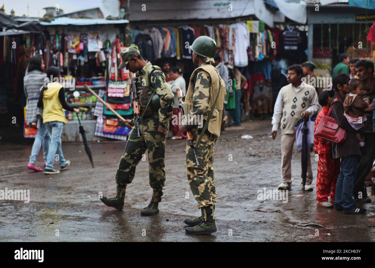 Indian soldiers patrol the streets of Darjeeling to quell unrest and keep the peace shortly after a large anti-government rally in Darjeeling, West Bengal, India, on May 29, 2010. (Photo by Creative Touch Imaging Ltd./NurPhoto) Stock Photo