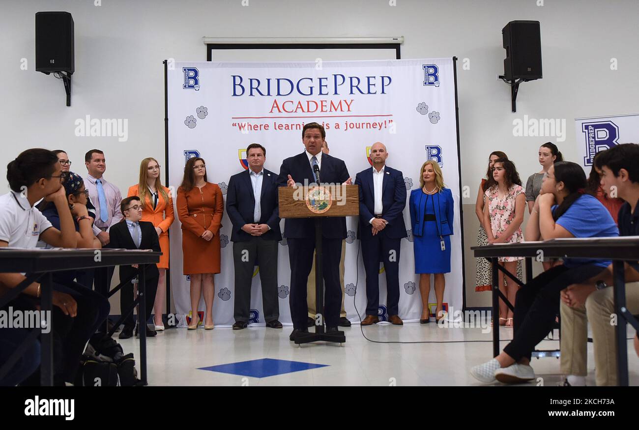 July 12, 2021 - Orlando, Florida, United States - Florida Gov. Ron DeSantis announces a $106 million civics education initiative, including bonuses for teachers, at a press conference at BridgePrep Academy of Orange on July 12, 2021 in Orlando, Florida. DeSantis is holding a roundtable later today at the American Museum of the Cuban Diaspora in Miami to discuss the recent protests in Cuba. (Photo by Paul Hennessy/NurPhoto) Stock Photo