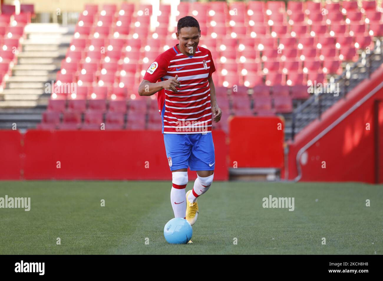 New signing Carlos Bacca of Granada CF during his presentation at the Nuevo Los Carmenes stadium on July 14, 2021 in Granada, Spain. (Photo by Álex Cámara/NurPhoto) Stock Photo