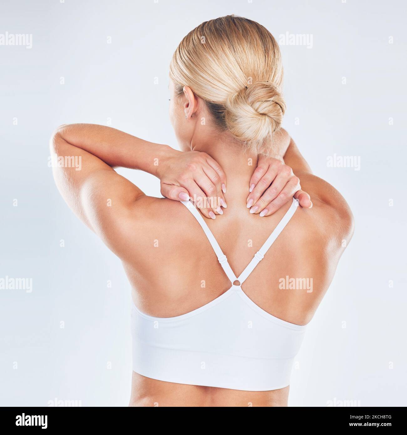 Massage, back pain and woman with hands to relax, injury and muscle