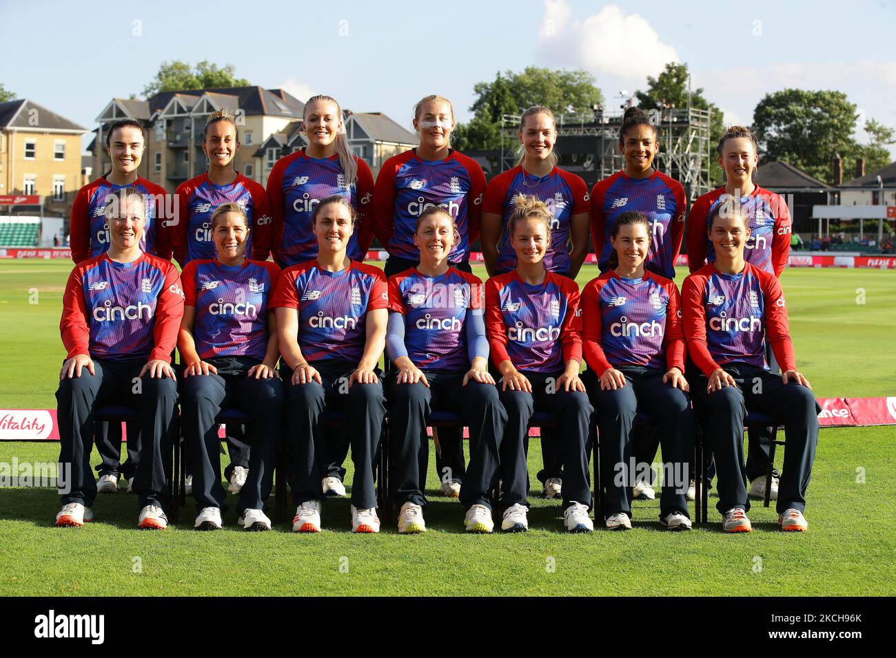 (left to right, back to front row) Mady Villiers, Tash Farrant, Sarah Glenn, Sophie Ecclestone, Freya Davies, Sophia Dunkley, Fran Wilson, Anya Shrubsole, Katherine Brunt, Natalie Sciver, Heather Knight, Danni Wyatt, Tammy Beaumont, and Amy Jones poses for photographers prior to the start of the third Vitality IT / 20 between England Women and India Women at The Cloudfm County Ground, Chelmsford, on 14th July 2021 (Photo by Action Foto Sport/NurPhoto) Stock Photo
