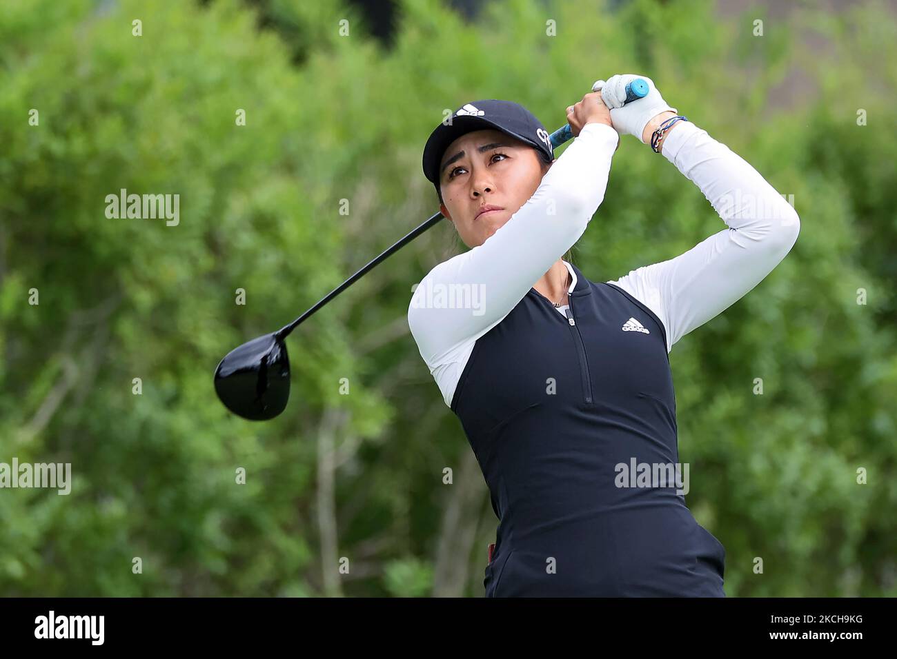 Danielle Kang of Las Vegas, Nevada hits from the 16th tee during the second round of the Marathon LPGA Classic golf tournament at Highland Meadows Golf Club in Sylvania, Ohio, USA Friday, July 9, 2021. (Photo by Amy Lemus/NurPhoto) Stock Photo