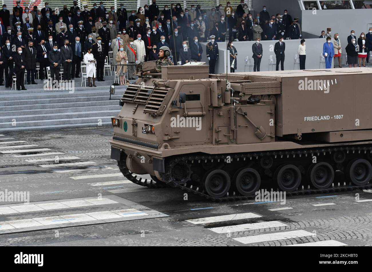 Armoured Vehicle MLRS - Multiple Launch Rocket System during the Military vehicles parade Bastille Day 14 juillet in Paris on july 14, 2021 (Photo by Daniel Pier/NurPhoto) Stock Photo
