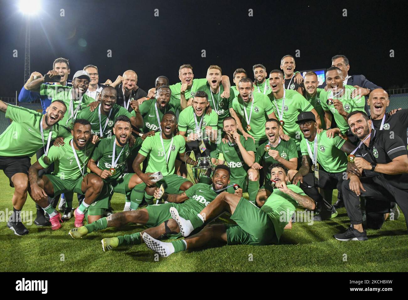 Ludogorets Razgrad players celebrate after winning 2021 Bulgarian Supercup final between Ludogorets /Razgrad/ and CSKA Sofia on 17 July, 2021 in Sofia, Bulgaria (Photo by Georgi Paleykov/NurPhoto) Stock Photo