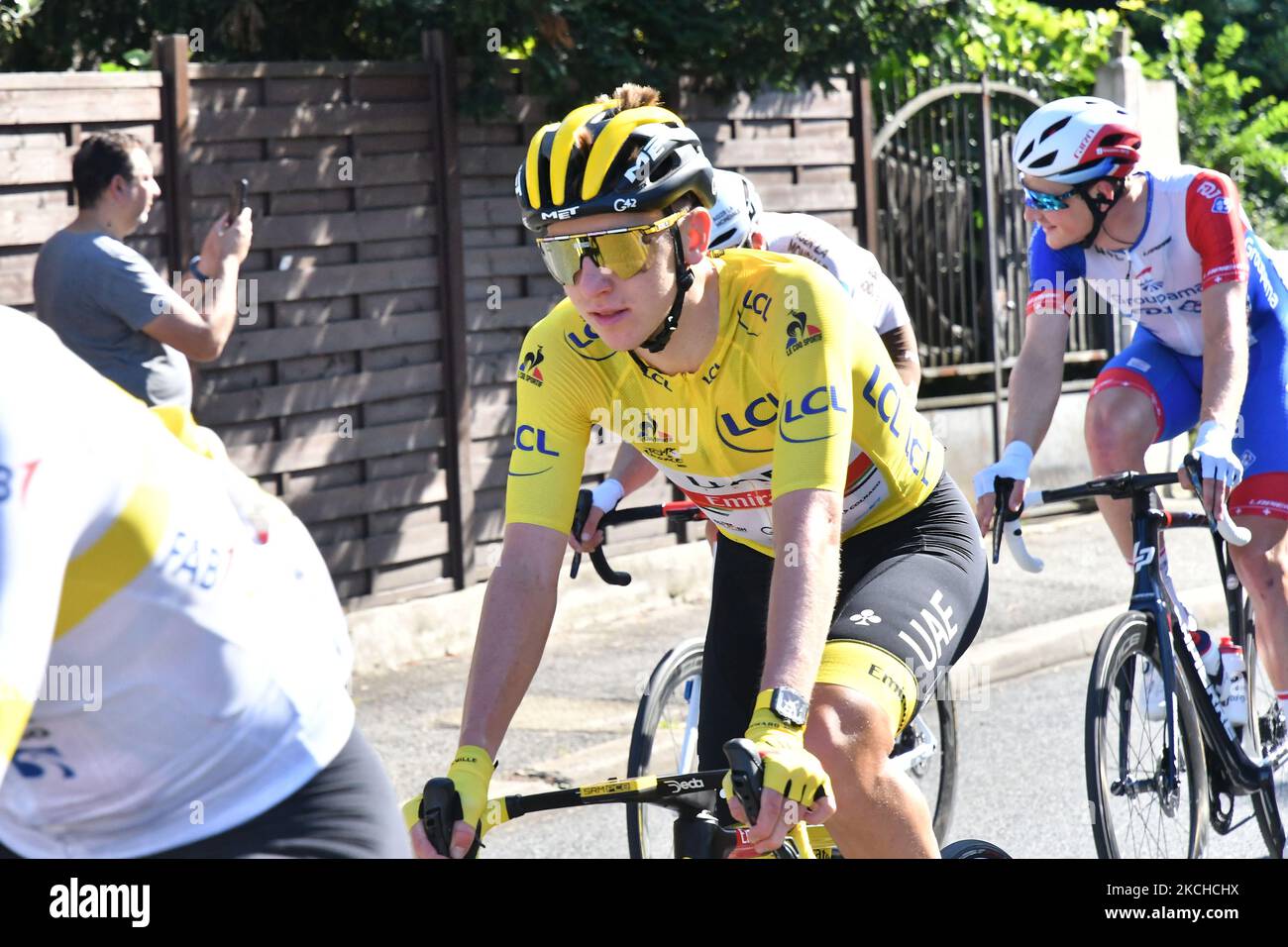 Team UAE Emirates' Tadej Pogacar of Slovenia wearing the overall leader's yellow jersey during the 21th and last stage of the 108th edition of the Tour de France 2021 cycling race on July 18, 2021, in Sevres, France. (Photo by Daniel Pier/NurPhoto) Stock Photo
